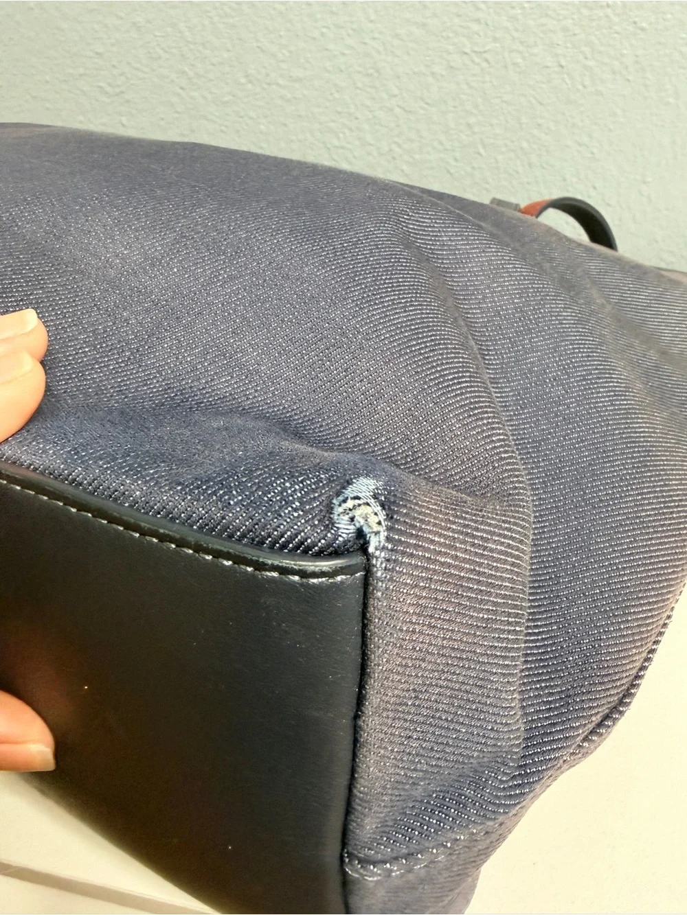 Coach Navy Canvas Tote with Brown-Trim Handles Flawed